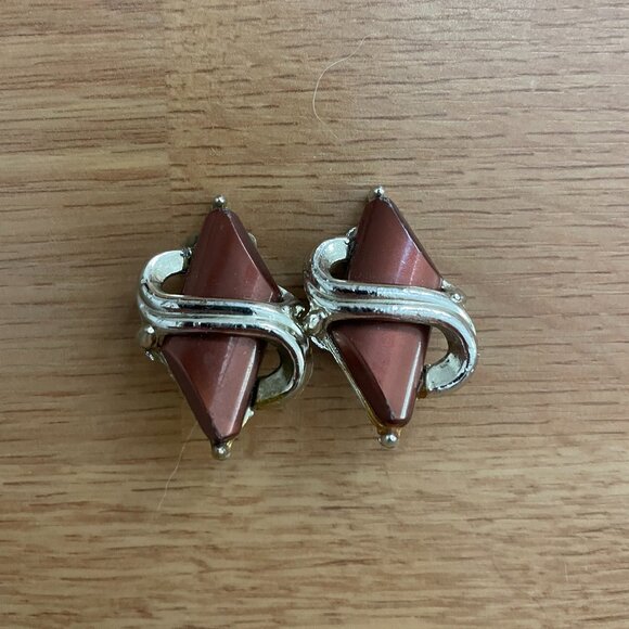Vintage Brown/Silver Clip-On Earrings - Picture 1 of 2